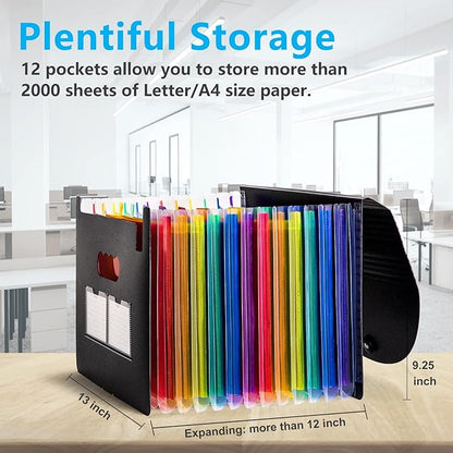Sooez Accordion File Organizer, 12 Pockets Expanding File Folder, Portable Monthly Paper Bill Tax Receipt Organizer, Letter A4 Size Document Holder with Blank Labels, Black