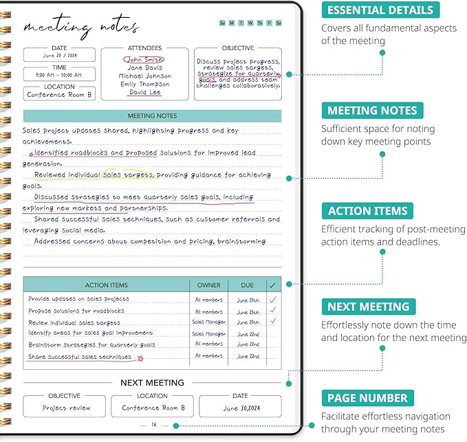 Taja Meeting Notebook for Work Organization - Work notebook with action items, Meeting Minutes Planner Notebook, Perfect Office Supplies for Men & Women - Black