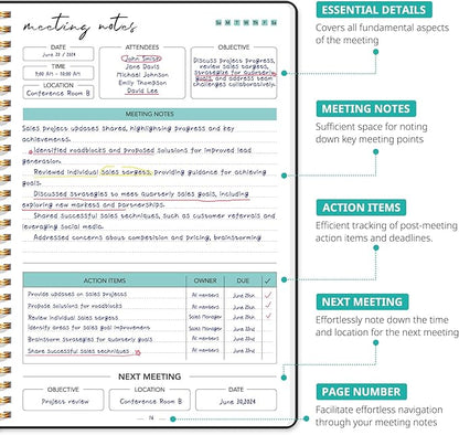 Taja Meeting Notebook for Work Organization - Work notebook with action items, Meeting Minutes Planner Notebook, Perfect Office Supplies for Men & Women - Black