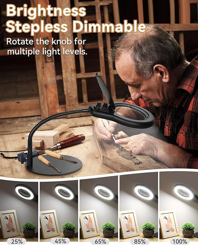 10X Magnifying Glass with Light and Stand, Flexible Gooseneck LED Lighted Desk Lamp with Dust Cover, Modes Stepless Dimming, Hands Free Magnifier for Craft Painting Hobby Reading