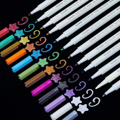 YUANCHENG Metallic Marker Pens, Set of 12 Colors Fine Point Metallic Marker Pens for Black Paper, Rock Painting, Easter Egg, Halloween Pumpkin, Card Making, Ceramics, DIY Photo Album