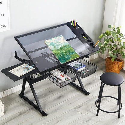 LifeSky Drafting Table Adjustable for Artists - Art Drawing Desk with Storage for Painting Sketching - Glass Top for Painters Illustrators Cartoonists Black