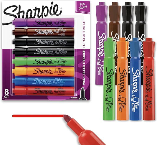 SHARPIE Flip Chart Markers, Bullet Tip, Assorted Colors, 8 Pack, Low-Odor, Squeak-Free