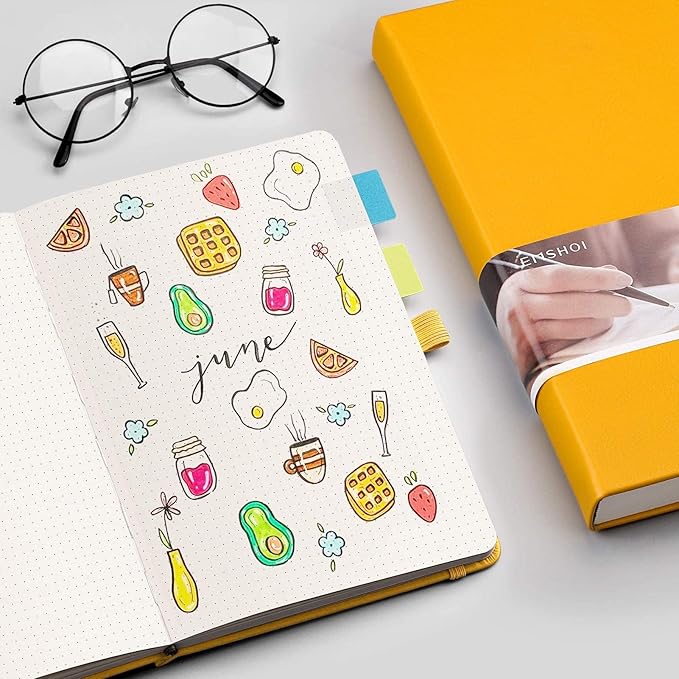 EMSHOI Dotted Journal Bullet Notebook, 256 Pages 120gsm Thick Dot Grid Notebook, A5 Hardcover Leather Journal with Stencils, 16 Perforated Pages, Pen Loop, Inner Pocket, 5.75"x8.38"-Yellow