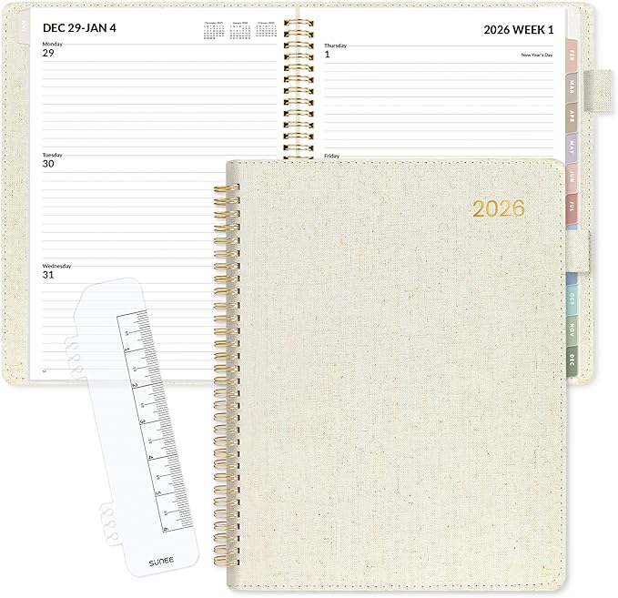 SUNEE 2026 Weekly & Monthly Planner 9"x11.2"- 12 Month (January 2026 - December 2026), Linen Cover, Pocket, Bookmark, Notes, Monthly Tab, Beige