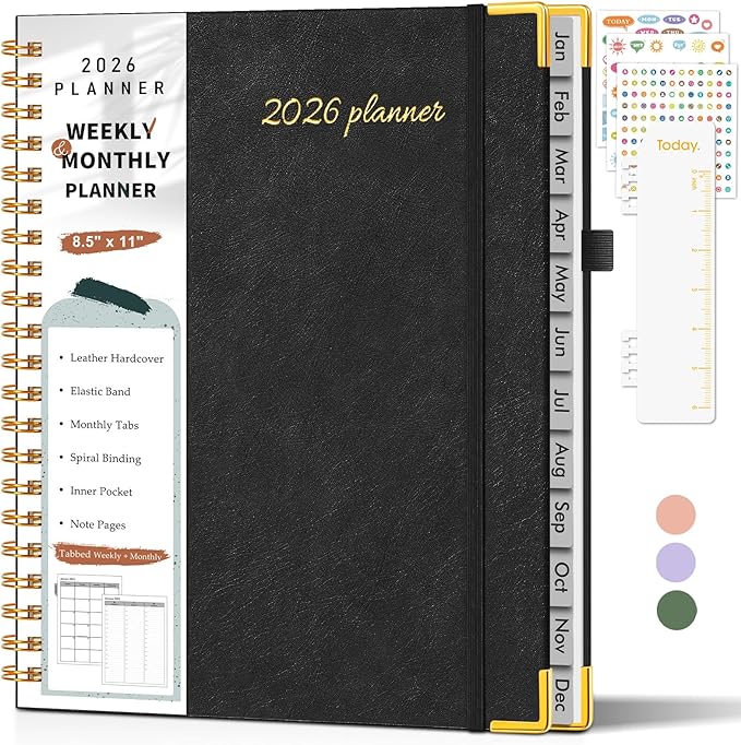 2026 Planner, Weekly and Monthly Calendar Planner from January 2026 - December 2026, 8.5" x 11" Hardcover Leather Hourly Appointment Book with Tabs, Spiral Daily Planners for College School Work Home, Black