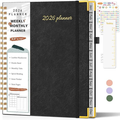 2026 Planner, Weekly and Monthly Calendar Planner from January 2026 - December 2026, 8.5" x 11" Hardcover Leather Hourly Appointment Book with Tabs, Spiral Daily Planners for College School Work Home, Black