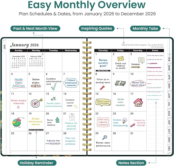 2026 Planner, Weekly and Monthly Planner for Women, January 2026 to December 2026, Pretty Hardcover 2026 Calendar Planner Book with Tabs, Inner Pocket, Spiral Bound, Perfect Office Home School Supplies - 6.3" x 8.5", Enchanted Forest