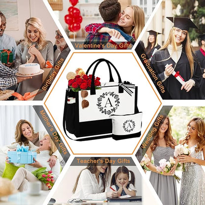YOOLIFE Personalized Gifts for Women, Initial Canvas Tote Bag for Women Beach Bag Unique Best Friend Mom Gifts From Daughter Teacher Sister Wife Wedding Gifts Birthday Gifts Graduation Gift for Her L