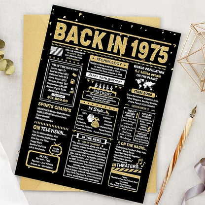 50th Birthday Card, 50th Birthday Gifts for Women Men, 50th Birthday Decorations for Him Her, Back in 1975 Birthday Card, Black Gold