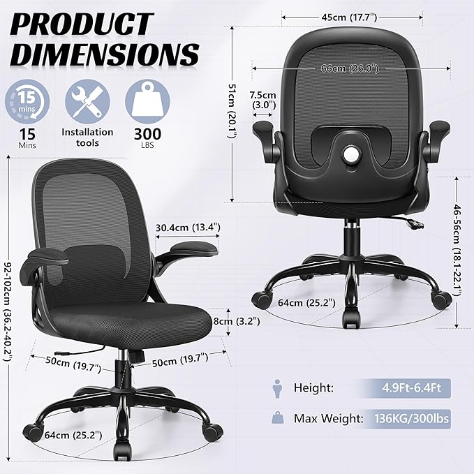 Office Chair Ergonomic Desk Chair with Adjustable 3D Lumbar Support and Height, Comfy Mesh Computer Chair with Flip-up Armrests, Swivel Rolling Task Chair with Wheels for Home Office (Black)