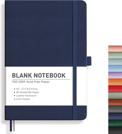 RETTACY Blank Journal Notebook, A5 Blank Journal with 192 Pages, 5.7'' × 8.3'' Medium Size, 68 LB/100 GSM Thick Paper, Leather Hardcover, for Sketching, Drawing, Painting (Navy Blue)