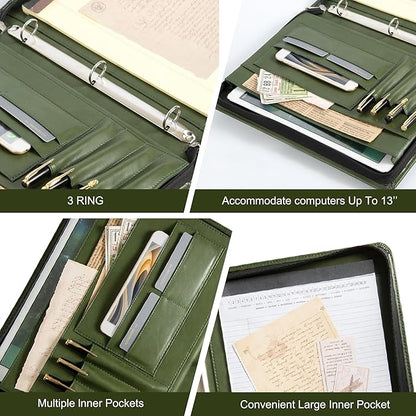 Free Engraved Name, 3 Ring Binder Padfolio, Vegan Leather Portfolio with a4 Clipboard, 3 Ring Padfolio A4 Organizer, Resume Planner, Green, Gift for Men/Women,Customized