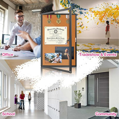 Enclosed Bulletin Board, Cork Noticeboard Board with Clear Acrylic Locking Door, Wall-Mounted Display Case for Indoor, Message Board 36x24in (5xA4)
