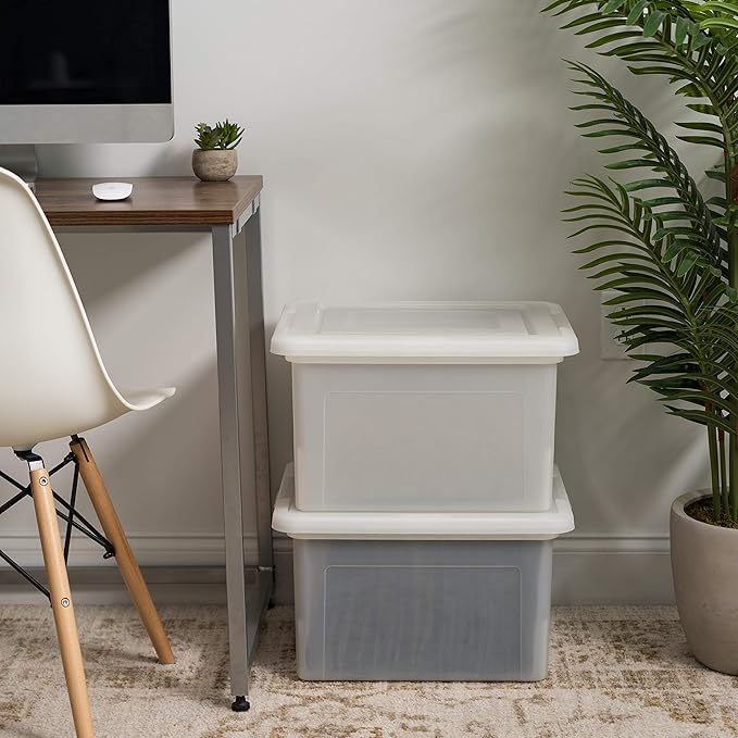 IRIS USA File Box File Organizer Plastic File Box for Letter/Legal File, BPA-Free Plastic Storage Bin Tote Organizer with Durable and Secure Latching Lid, Stackable, Nestable, Pearl 35 Qt. 4 Pack