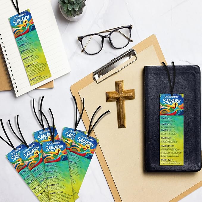 100 Pcs Romans Road to Salvation Bookmarks 6 x 2 Inches Roman's Road Cardstock Bookmark with 100 Pcs Hanging Strings