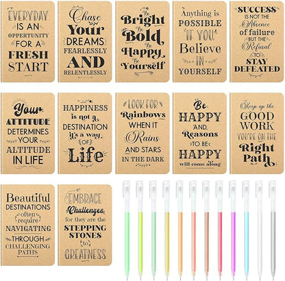 12 Pcs Mini Inspirational Notebooks Bulk with 12 Pcs Colorful Pens, Small Pocket Journal Notepads Set, Motivational Bulk Gifts for Women Men Teacher Student Kids,Fun School Office Supplies,3.5"x5.5"