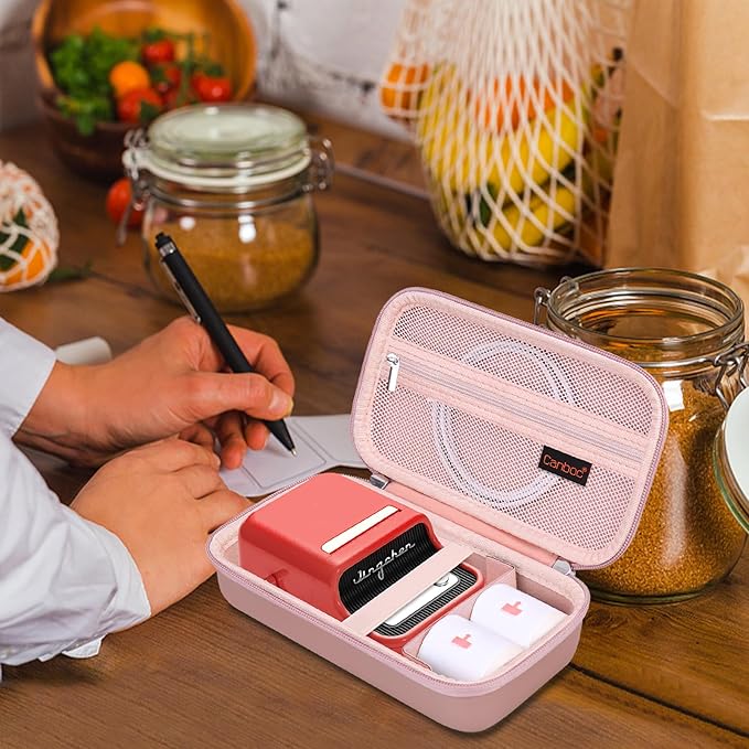 Canboc Carrying Case for NIIMBOT B21 Label Maker, Portable Bluetooth Thermal Label Printer Bag with Removable Shoulder Strap, Mesh Pocket fit Printer Labels, USB Cable, Rose Gold (Case Only)