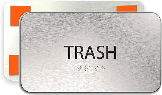 ADA Trash Sign for Business - Office Signs, Aluminum Brushed Silver, Tamper-Proof, Heavy Duty Mounting Tape, Easy Install, Office Décor, ADA Compliant, Grade 2 Braille (7” W x 4” H) ADASigns.org