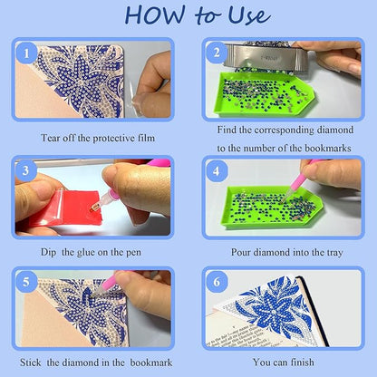 Diamond Art Painting Bookmarks,8Pcs DIY Cute Diamond Art Kits for Adults, Corner Bookmarks Small Crafts Kit for Women Book Lovers (Blue Floral)
