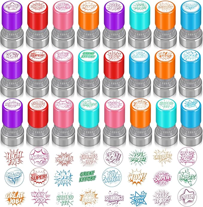 Yinder 24 Pcs Teacher Stamps for Classroom Self Inking Classroom Stamps Bulk for Teachers Elementary Colorful Motivational Encouraging Gifts(Hero)