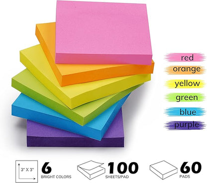 Sticky Notes Bulk, Ezzgol 60 Pads Sticky Notes, 3 X 3 Inch, 100 Sheets/Pad, Assorted Bright Colors Sticky Notes Pack,Great Sticking Power
