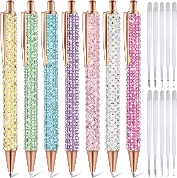Sherr 7 Pcs Fancy Pens for Women Cute Sparkly Glitter Pens with 10 Pcs Black Ink Refills Pretty Gifts for Girls Office School Christmas Graduation(Mixed Color,Pearl)