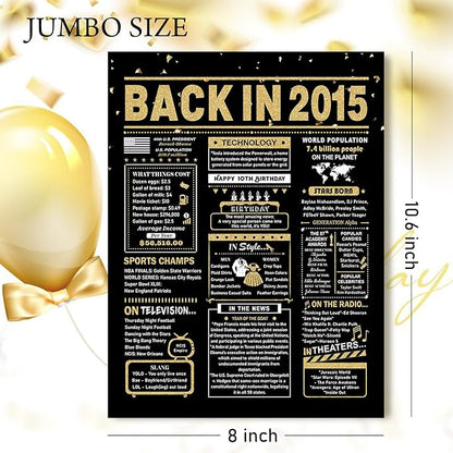 10th Birthday Card, 10th Birthday Decorations for Girl Boys, 10th Birthday Gifts for Daughter Son, Back in 2015 Birthday Card, Black Gold