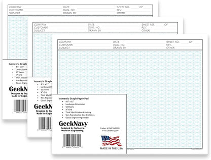 8.5" x 11" Isometric Graph Paper 50 Sheets Landscape - 0.25" Grid, Non-photo Blue, High Brightness, Drafting, Engineering, Art, 3D Design (3-Pack)