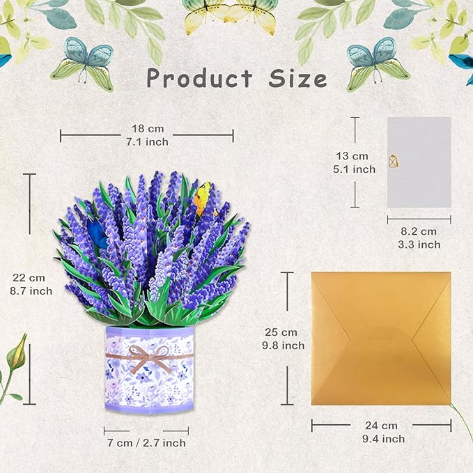 Lavender Bouquet Pop Up Card, 3D Flower Greeting Card with Envelope for Any Occasion, Birthday, Mother's Day, Anniversary, Valentines Day, Foldable Flower Cards for Wife or Friends