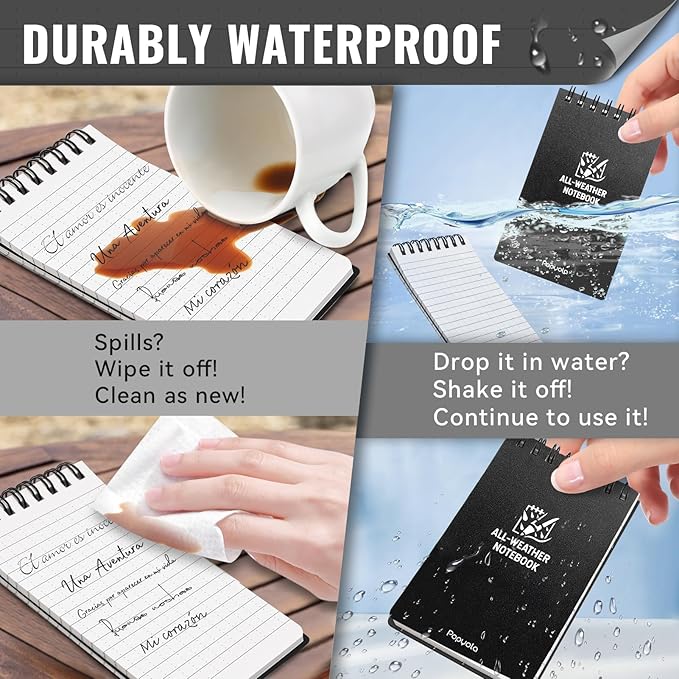 POPYOLA 4 Pack Waterproof Pocket Notebook, 3x5 Pocket Notepad, All Weather Mini Spiral Notepad, Write in the Rain Police Notepad with 100 Squared Pages for Outdoor Home Office School