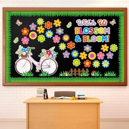Kosiz Spring Bicycle Bulletin Board Decorations Set Flower Butterfly Bike Paper Cutouts Watch Us Blossom Bloom Classroom Decorations with Green Borders for School Chalkboard Wall Door Home