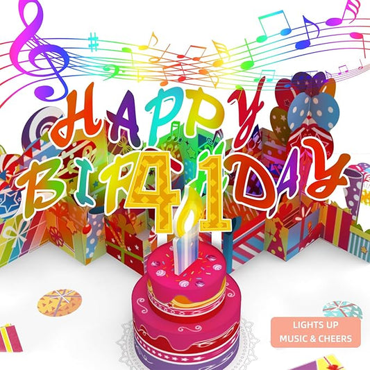 Gumry 41ST Musical Birthday PopUp Card, Blowable Colorful Light Candle 3D Cards with Song, Applause Cheers Sound, Greeting Cards Birthday Gifts Decorations for Women Men Turning 41 Years Old