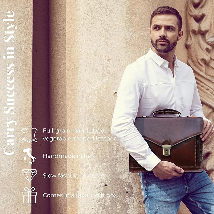 Time Resistance Leather Briefcase for Men - Business Laptop Bag - Italian Handmade Leather Bag - Attache - Gift Box Included