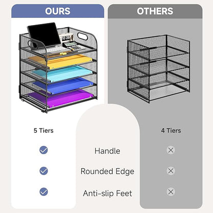 5 Tier Paper Organizer with Handle, Metal Mesh Desk Organizer File Folder Organizer Paper Letter Tray Desktop Document Sorter for Classroom, School, Office Organization and Storage - Black