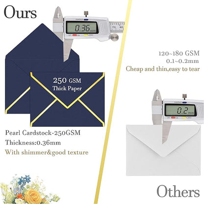 60 Pack Gold Envelopes 5x7 Dark Blue, 250G Pearled Cardstock A7 Envelopes for Invitations Business Mailing Envelope with Gold Foil Border, A6 4x6 Envelopes for Wedding Baby Shower Cards