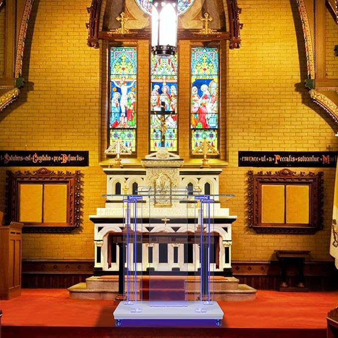 Acrylic Pulpits for Church with LED Lights 46" Tall Podium Stand with Wheels and Reading Platform, Clear Lectern for Speech, Classroom, Churches, Lecturn