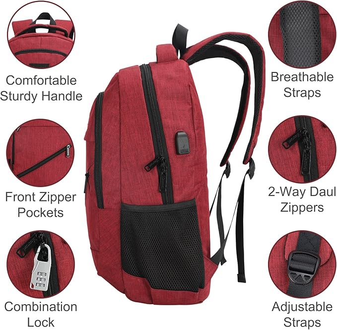 Laptop Backpack for Women, Anti Theft Backpack with USB Charging Port, 15.6 Inch Backpack for School Travel Work, Business (Red)