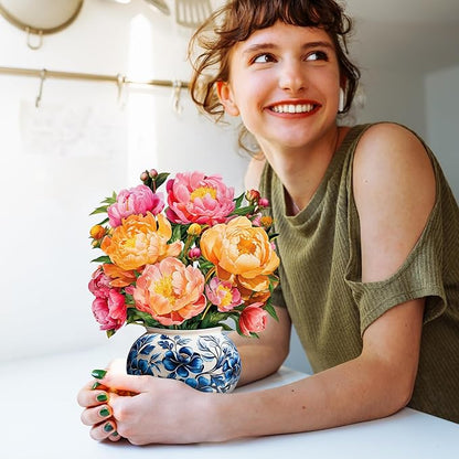 Paper Pop-Up Flower Card, Peony, Forever Flowers Bouquet 3D Popup Greeting Cards, Blank Note Envelope, Birthday Gift Cards, Mother's Day, Holiday Decorations