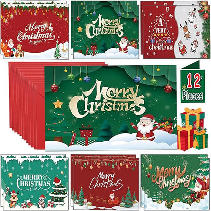 Christmas Cards with Envelopes, Stocking Stuffers for Adults, 6 Assorted Designs Holiday Greeting Cards,Christmas Party Favors 12Pcs Pack Set 6x4 inch, Cards For Family, Kids, Friends