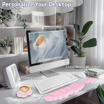 Cloud Wrist Rest Keyboard, Cloud Palm Rest Set with PU Leather Memory Foam, Cute Keyboard Rest for Wrist Support and Arm Rest, Desk Cloud Wrist Pad for PC/Gaming/Hand Cushion/Computer-Pink