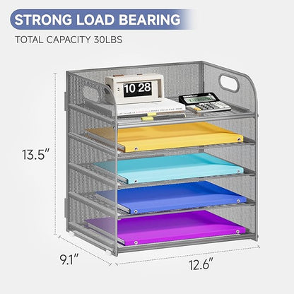 5 Tier Paper Organizer with Handle, Metal Mesh Desk Organizer File Folder Organizer Paper Letter Tray Desktop Document Sorter for Classroom, School, Office Organization and Storage - Silver