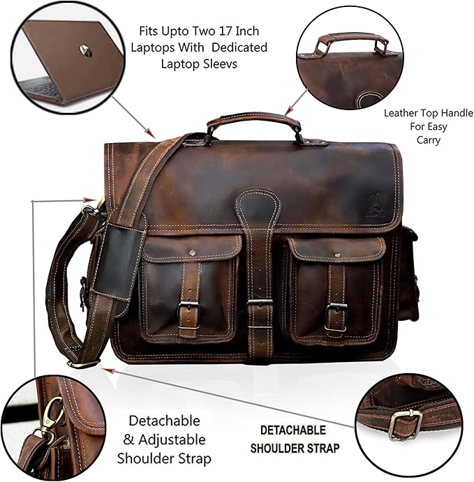 cuero Leather Briefcase Work Bag for Men Women Dark Brown Crossbody Genuine Leather Satchel Office Bag for Men Women 18 Inch Computer Travel Messenger Laptop Shoulder Bag Cureo