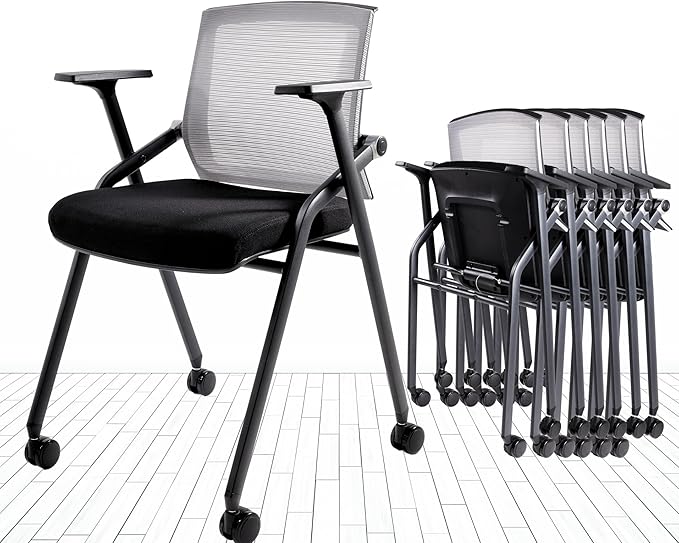 Conference Room Chairs, Folding Office Desk Chair with Lumbar Support and Sliding Armrest with Casters, Stackable Office Guest Chairs & Reception Chairs (2 Pack)