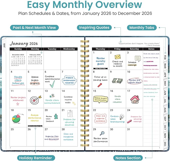 2026 Planner, Weekly and Monthly Planner for Women, January 2026 to December 2026, Pretty Hardcover 2026 Calendar Planner Book with Tabs, Inner Pocket, Spiral Bound, Perfect Office Home School Supplies - 6.3" x 8.5", Azure Drift