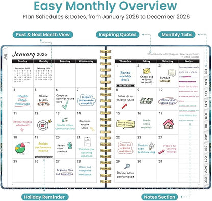 2026 Planner, Weekly and Monthly Planner for Women, January 2026 to December 2026, Pretty Hardcover 2026 Calendar Planner Book with Tabs, Inner Pocket, Spiral Bound, Perfect Office Home School Supplies - 6.3" x 8.5", Azure Drift