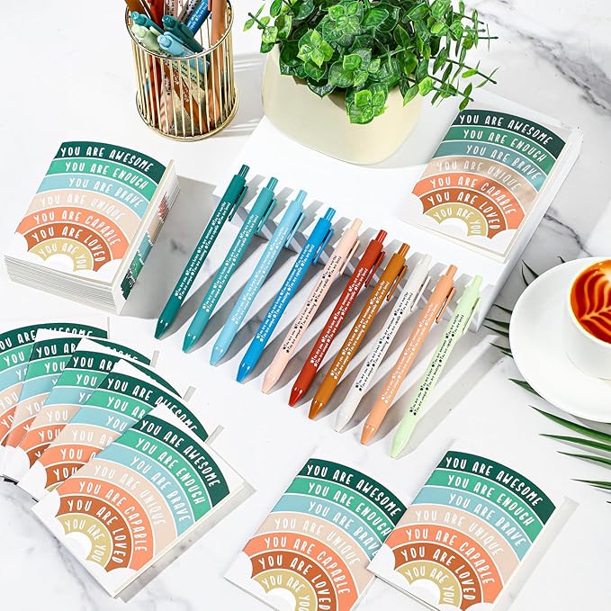 Janlaugh 100 Pcs Positive Affirmations Reminder Notepad Motivational Pen Positive Psychology Pocket Notebooks with Colored Ballpoint for Volunteer Week Mental Health Therapy Teacher Student Classroom