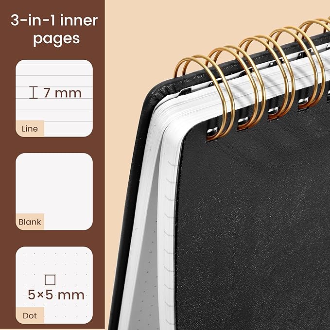 Yoment Top Spiral Notebook Leather Steno Pads 240 Pages Spiral Notepad for Work 5x7 Top Bound Steno Notebook, 100 GSM Thick Paper, Left Handed Notebooks for Office College School, Black