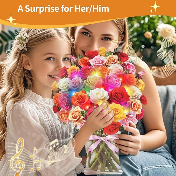 Paper Pop Up Cards, Paper Flower Bouquet 3D Card, Rose Bouquet Greeting Cards with Music and Colorful Lights, Holiday Anniversary Mother's Day Birthday Bouquet Decoration Flower Gift Card