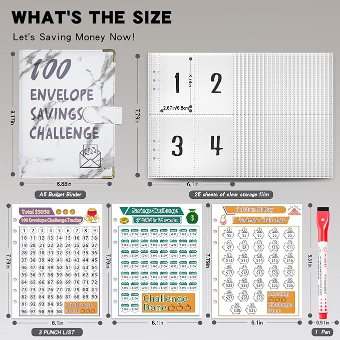 ATkits 100 Envelopes Challenge Binder Savings Challenges Book, A5 Money Saving Planner Cash Envelope Budget Binder with Erasable Pen, Easy and Fun Way to Save $5,050, 10,000 and $500 (Marble White)